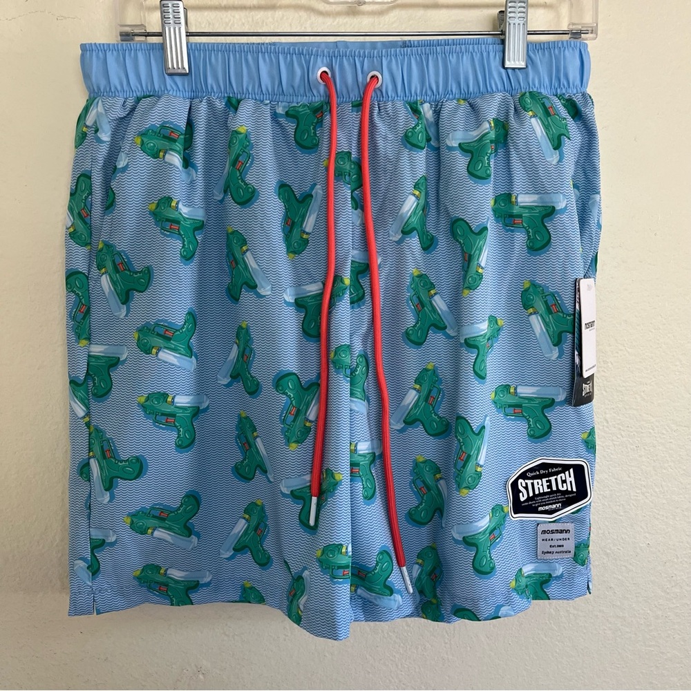 Mosmann NWT Australia Brewster Drawstring Swim Trunks Blue Green Print